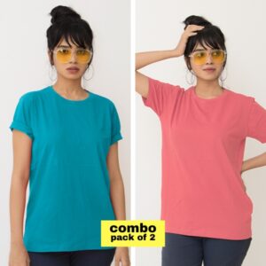 Salmon Pink-Turquiose Blue plain t-shirt combo Female