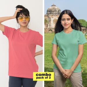 Salmon Pink-Mint Green plain t-shirt combo Female